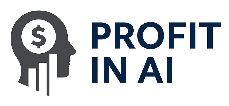 Logo for “Profit in AI” with navy text and dark gray head silhouette featuring a dollar sign.